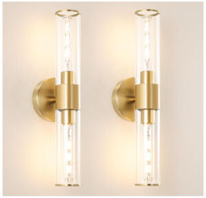 Gold Wall Sconces Set of 2, Hardwired Bathroom Vanity Light Fixture, Brass Sconc